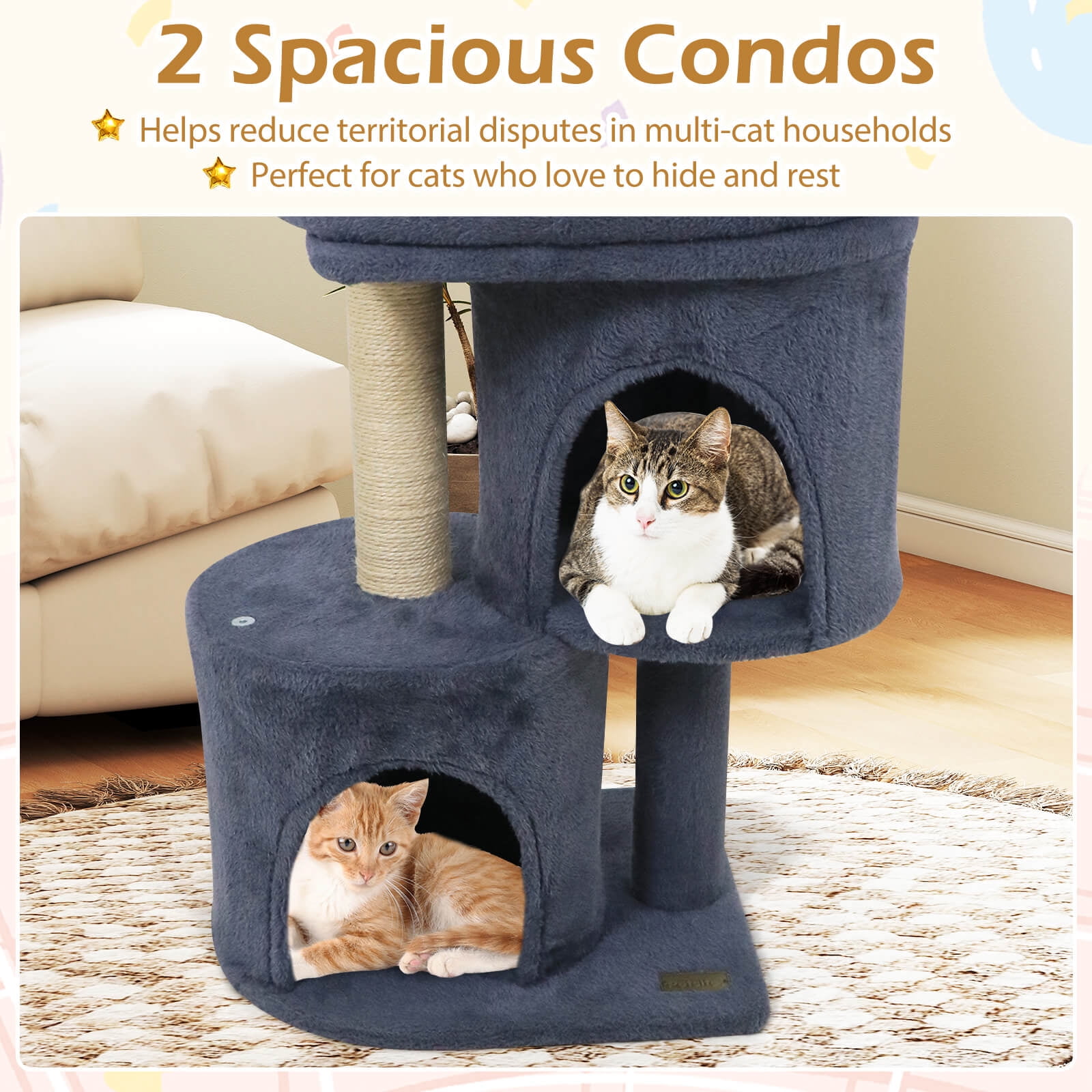 Costway 26” Small Cat Tree with Large Padded Plush Perch, 2 Condos, Sisal Scratching Posts Dark Gray