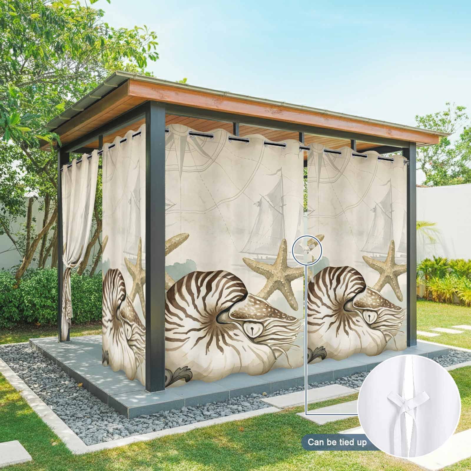 Nautical Sailboat Outdoor Curtains for Patio, Conch Yellow Starfish Vintage Watercolor Sunshade Privacy Drapes Grommet Waterproof Outside Curtains for Porch/Cabana/Balcony 54"x 108", 1 Panel