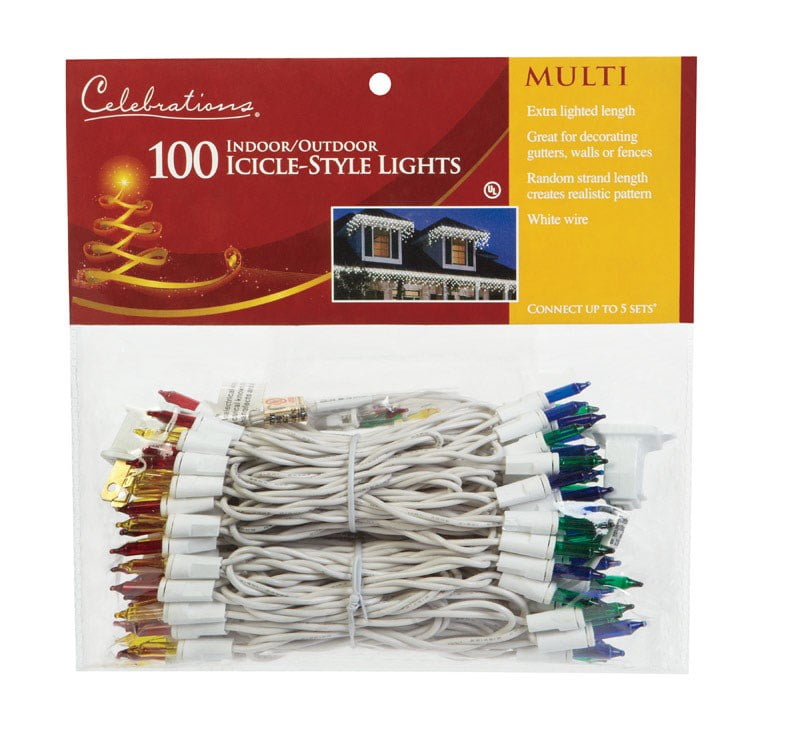 Celebrations Mini Icicle Lights 100 Lights MultiColored Bulbs 10' Fuse