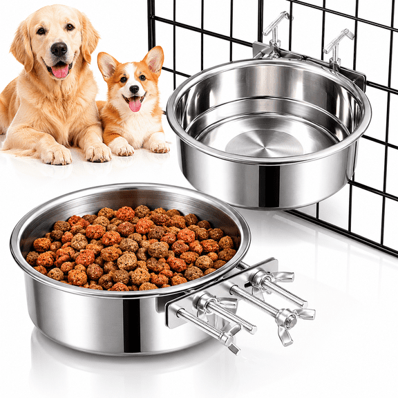 Dog Bowls 2 Pack,Stainless Steel Dog Food Bowl and Water Bowl,Hanging Dog Bowls for Cage Crate Kennel,Non-Spilling