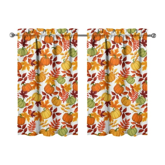 Rustic Thanksgiving Theme Kitchen Curtains - Set of 2 Tier Curtains with Turkey & Fall Leaves Design, Semi-Sheer, 27.5x39 Inch