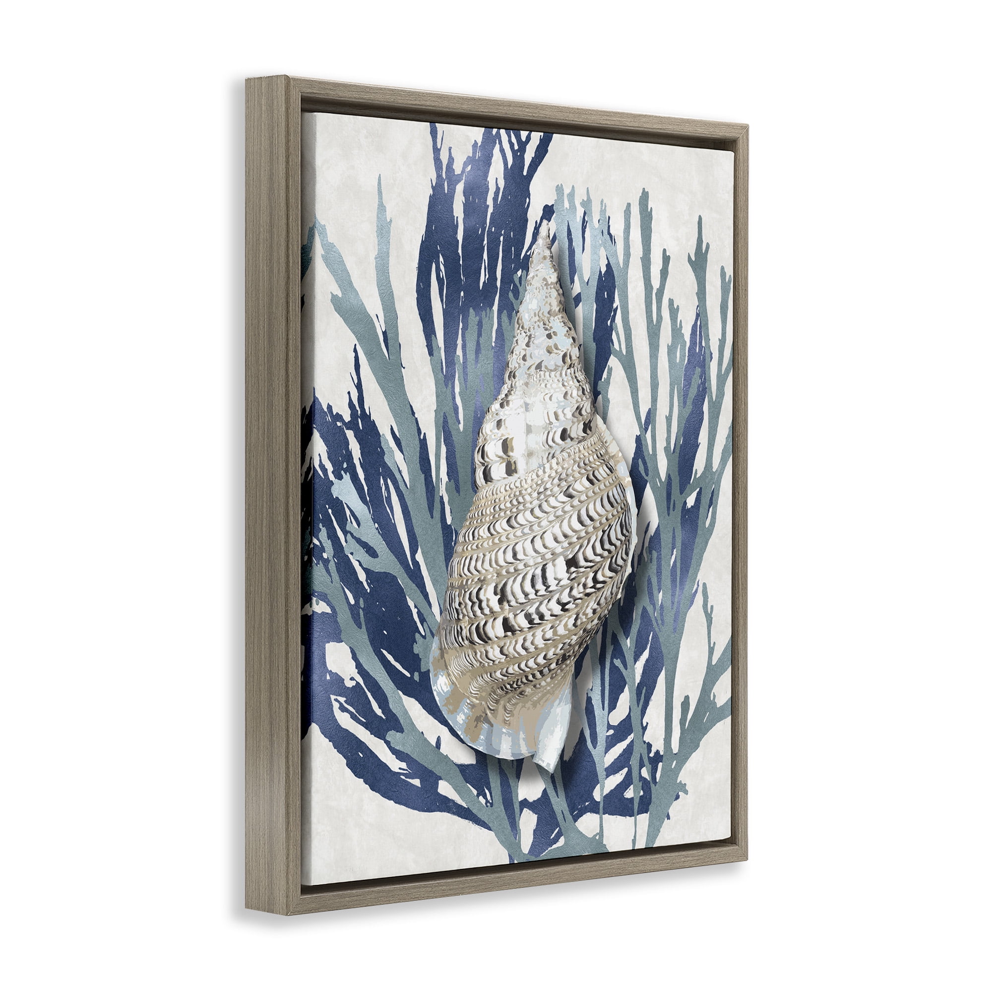 Stupell Industries Shell Coral Blue Beach Design Nature Painting Brown Floater Framed Canvas Art Print Wall Art, 25 x 31