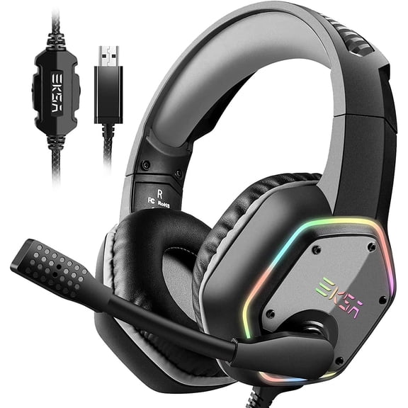 USB Gaming Headset for PC, Computer Headphones with Microphone/Mic Noise Cancelling, 7.1 Surround Sound, RGB Light - Wired Headphones for PS4, PS5 Console, Laptop, Call Center