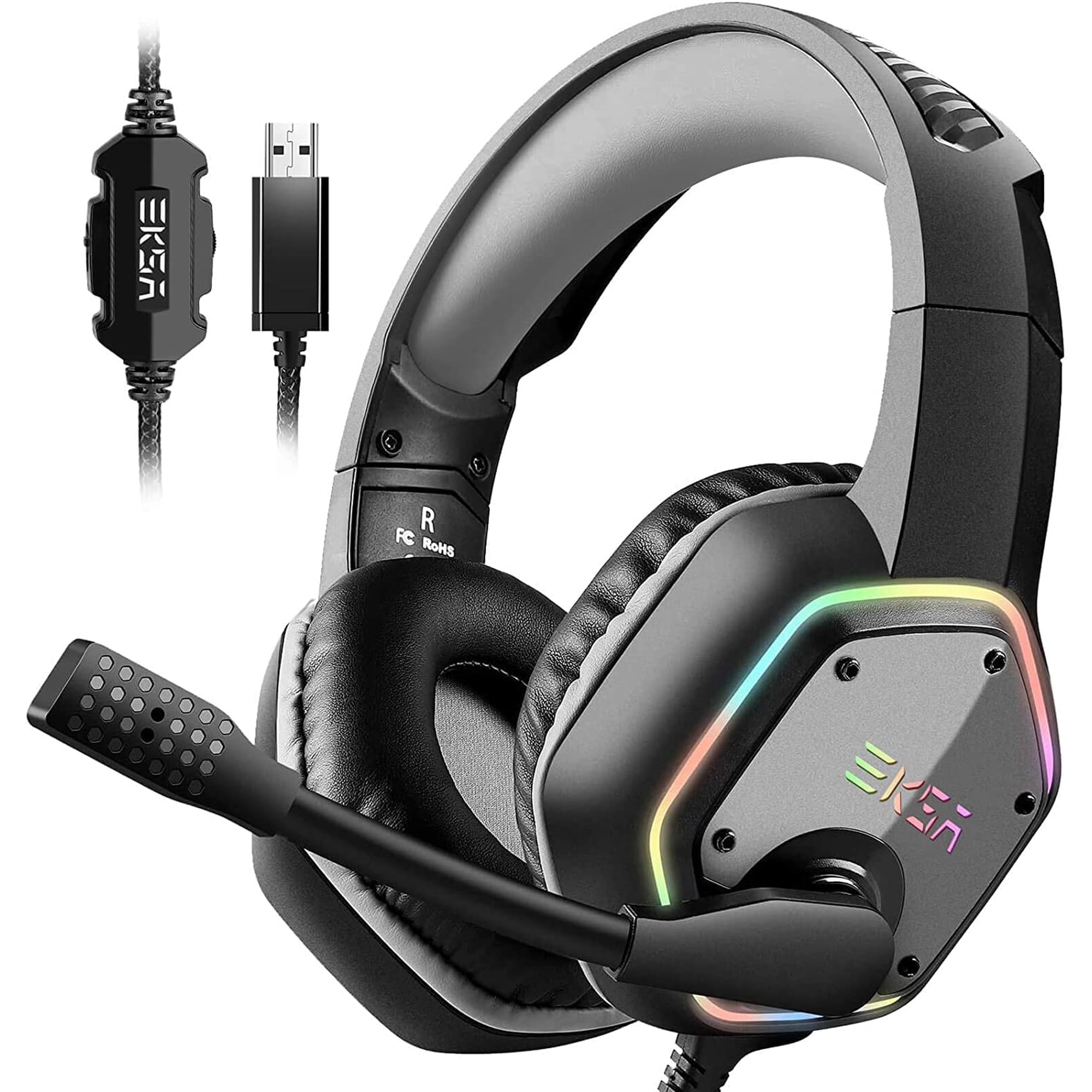 USB Gaming Headset for PC, Computer Headphones with Microphone/Mic Noise Cancelling, 7.1 Surround Sound, RGB Light - Wired Headphones for PS4, PS5 Console, Laptop, Call Center