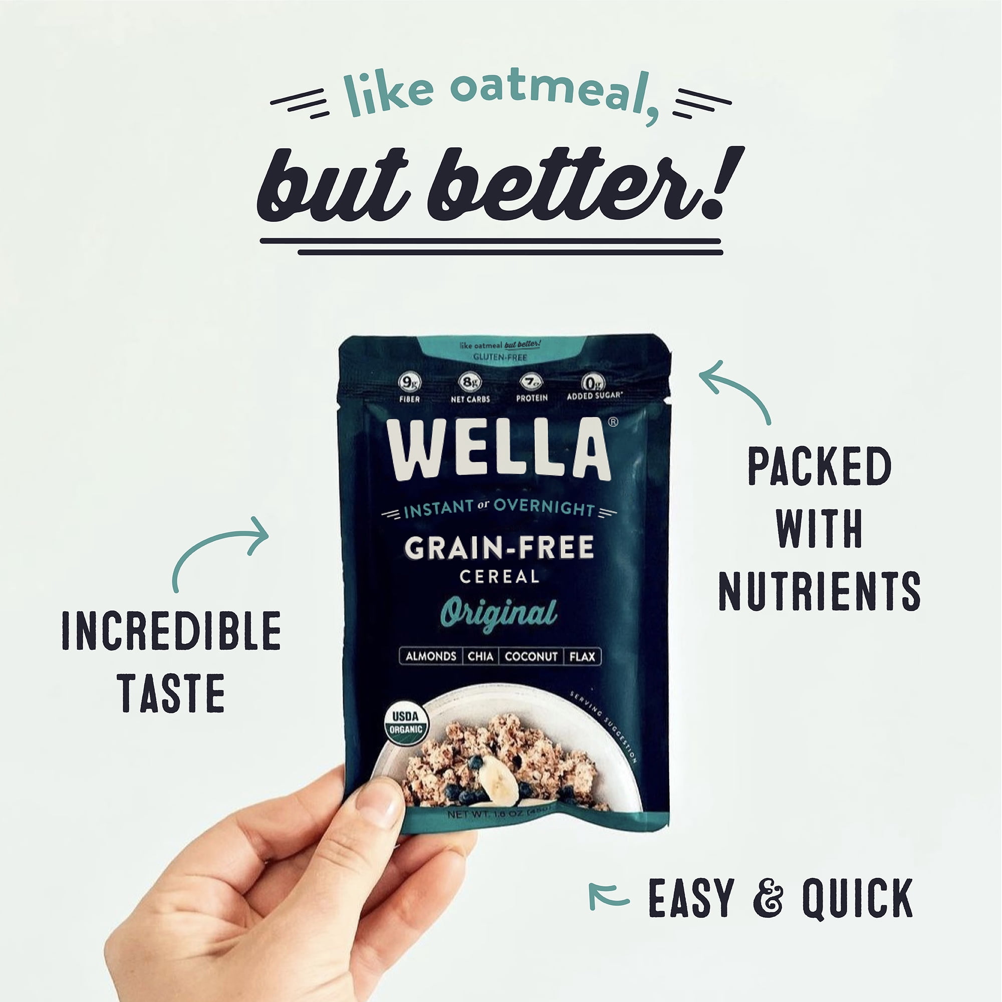Wella Grain Free Cereal Oatmeal Alternative – Organic Cereal, Vegan High Protein Gluten Free Superfood – Paleo Plant-Based Non-GMO – Low in Net Carbs – Single-Serve 1.6 oz. - 10 Packets