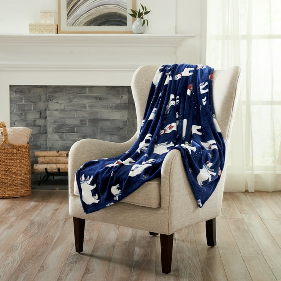 Great Bay Home Velvet Plush Fleece Holiday Printed Warm and Cozy Throw Blanket (50" x 70" Throw, Navy Polar Bears)