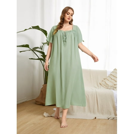 

Mint Green Casual Women s Plus Tie Front Frill Trim Sleepdress 2XL(16) Y22001D