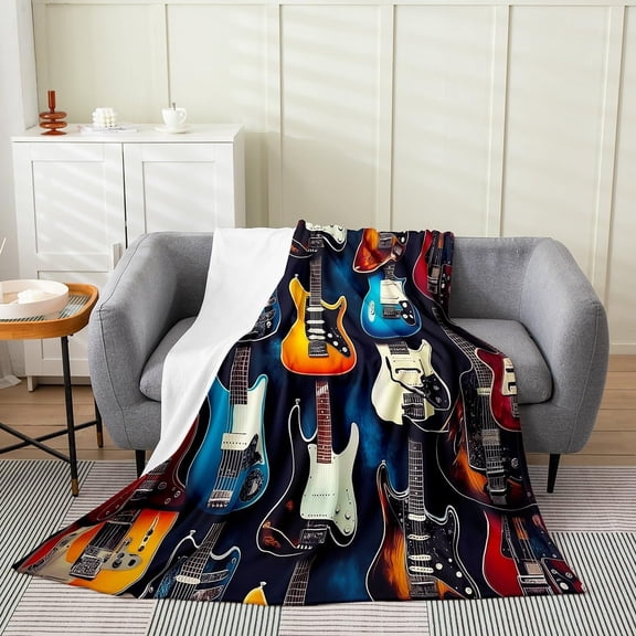 Guitar Throw Blanket for Couch and Bed Fluffy Soft Warm Microfiber Fleece Blanket with Music Instruments Print