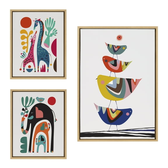 Kate and Laurel Sylvie Family Tree 4 Birds, Giraffe Love and Three Elephants Framed Canvas Wall Art Set by Rachel Lee of My Dream Wall, 3 Piece Set Natural, Mid-Century Animal Art for Wall