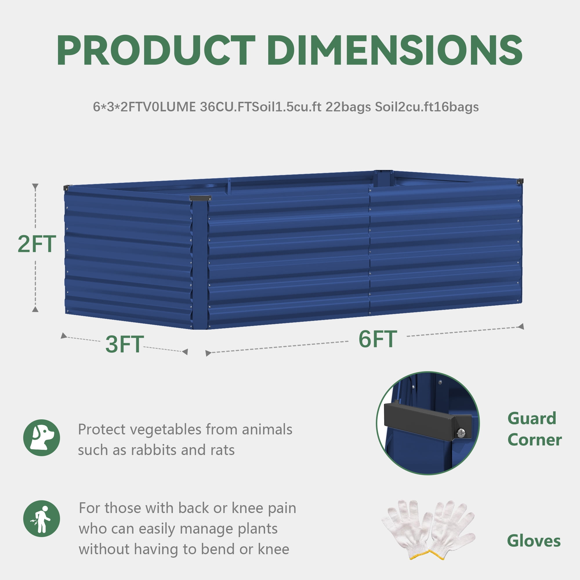 FOOWIN 2 Pack 6x3x2ft Outdoor Metal Raised Garden Bed,Planter Box for Vegetables,Flowers,Herbs w/269 Gallon Capacity, Blue