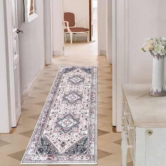 GlowSol 2'x6' Runner Rug Floral Print Area Rug Washable Bohemian Rug Vintage Persian Non-Slip Low Pile Carpet for Laundry Bedroom Foyer, Pink