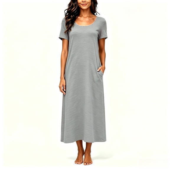 Asgosdo Women Dresses Short Sleeve Solid Color Loose Fit Comfy Soft Lounge Maxi Dress with Pocket