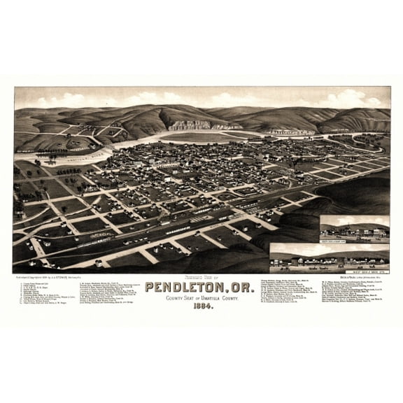 Historic Map of Pendleton Oregon 1884 Umatilla County Canvas Art - (18 x 24)