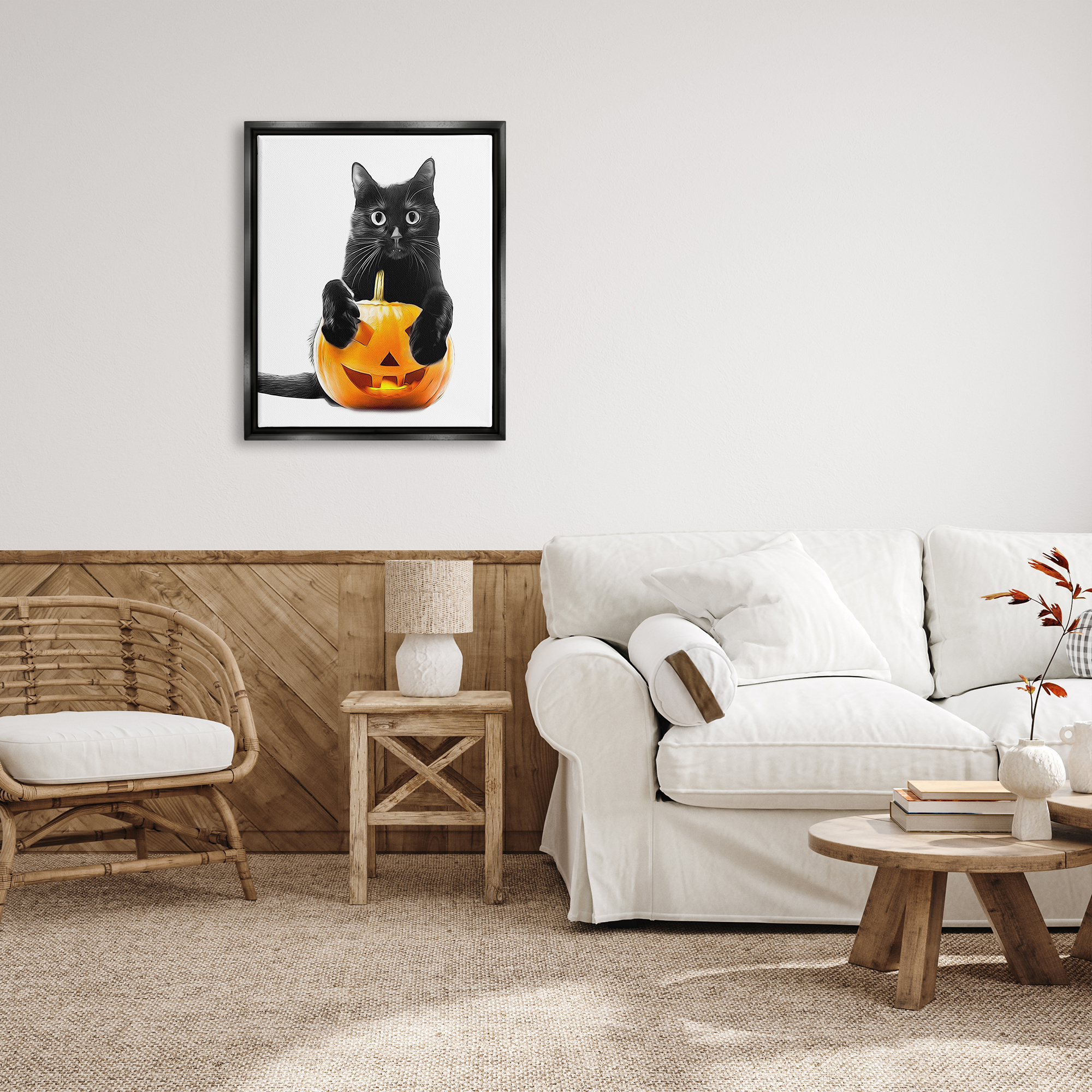 Stupell Industries Black Cat & Jack-o-Lantern Holiday Painting Black Floater Framed Canvas Art Print Wall Art, 25 x 31