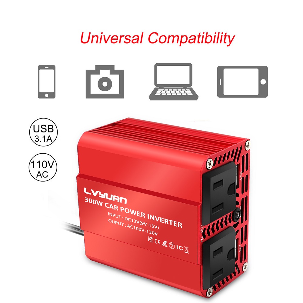 LVYUAN 300W DC 12V to AC 110V Power Inverter Car Converter Charge Adapter 2USB 2AC for Laptop, Computer, Car, RV, Camping & Home Red