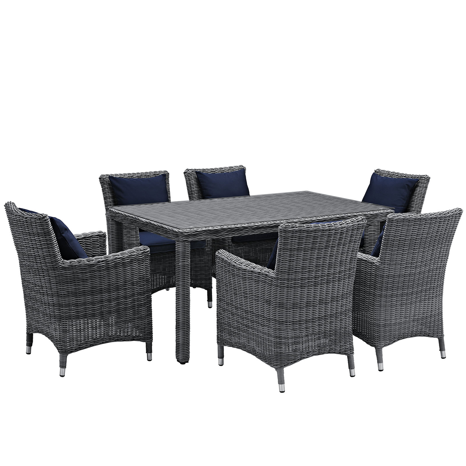 Modern Contemporary Urban Design Outdoor Patio Balcony Seven PCS Dining Chairs and Table Set, Navy Blue, Rattan - image 1 of 7