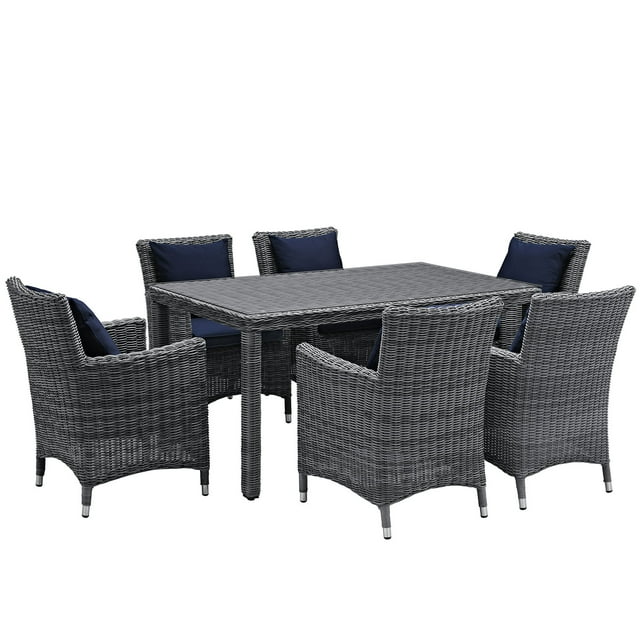 Modern Contemporary Urban Design Outdoor Patio Balcony Seven PCS Dining Chairs and Table Set, Navy Blue, Rattan