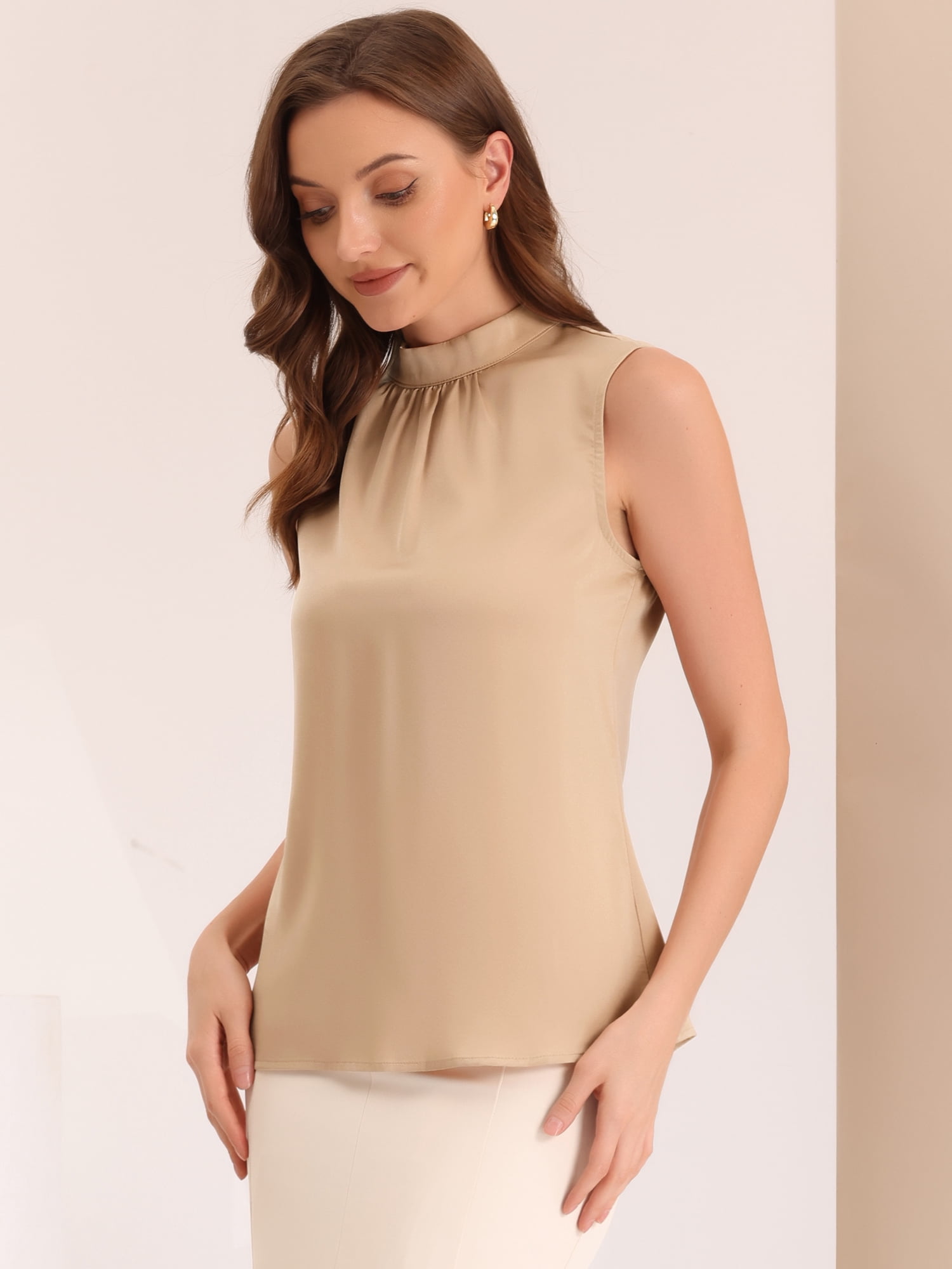 DARING DIVA Women's Mock Neck Sleeveless Satin Elegant Blouse XS Brown