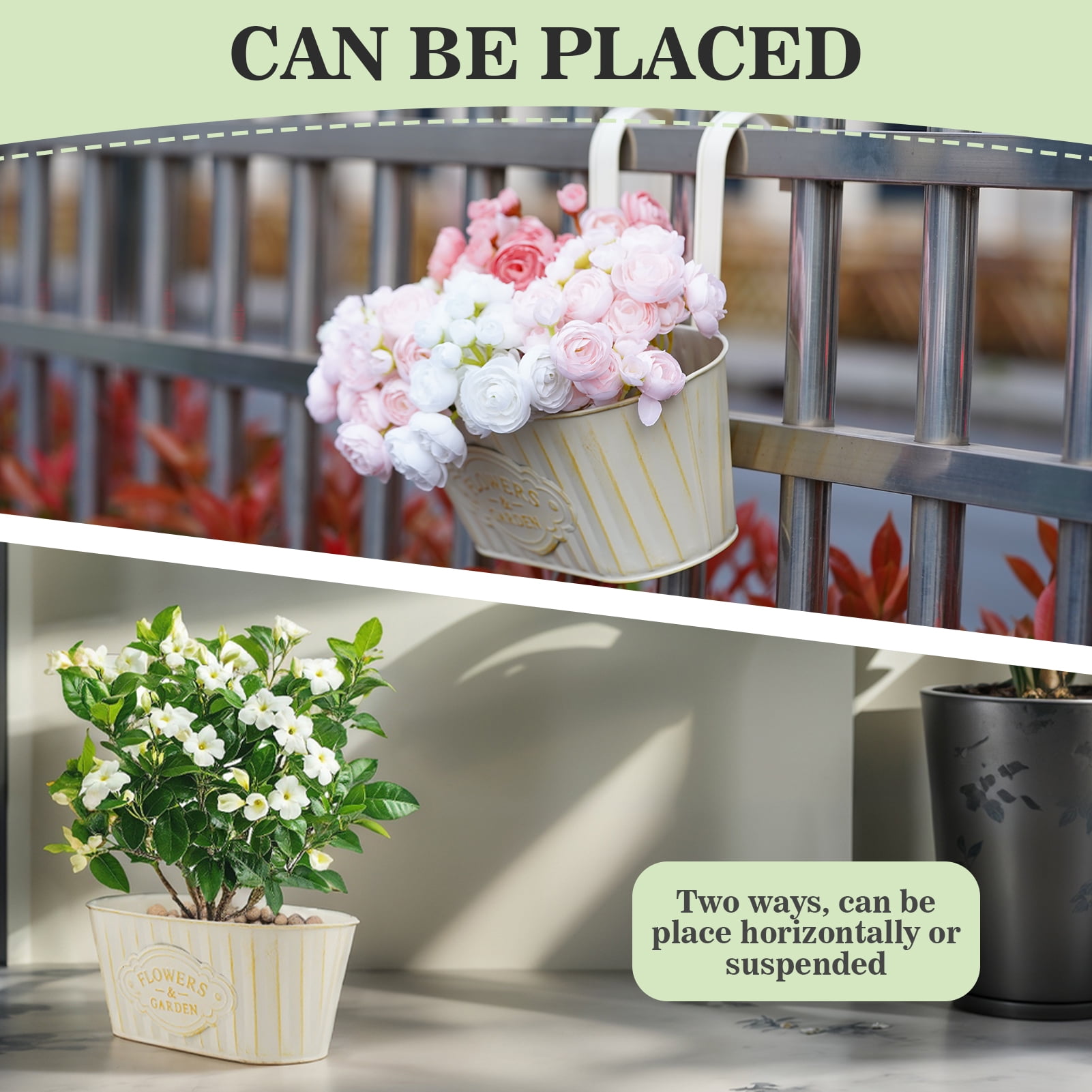 urorentea 3Pcs Metal Hanging Flower Pots for Outdoor Plants, Iron Railing Planter with Detachable Hooks and Drain Holes, Hanging Pots Fence Planters for Railing Garden Fence Balcony (milky white)