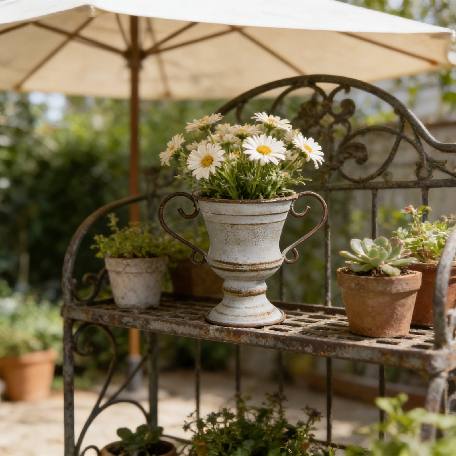 Large Urn Planter Clearance Sale - Vintage Distressed Iron Flower Pot, Cement Look Wicker Urn Planter for Outdoor Garden, 7 Inch Pedestal Style Planters for Patio Balcony, Durable Weather-Resistant