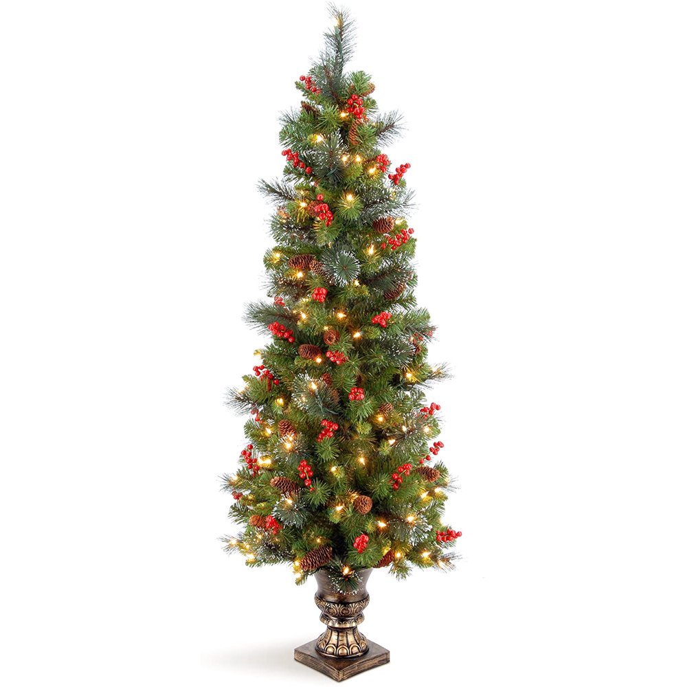 Costway 7.5 ft snow flocked artificial christmas tree hinged alaskan Pre-lit Artificial Christmas Tree For Entrances | Includes Pre-strung