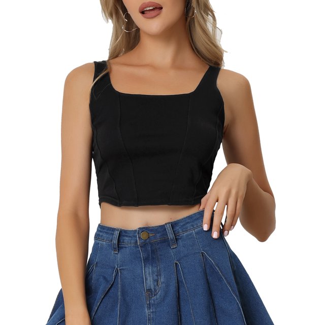 INSPIRE CHIC Camisole Courte en Denim Sans Manches à Encolure Carrée Extensible pour Femme G Noir
