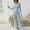 Blue, variant on Women Ribbed Lounge Set Long Sleeve Crop Top and Flare Pants 2 Piece Pajama Set Soft Knit Sleepwear Outfits