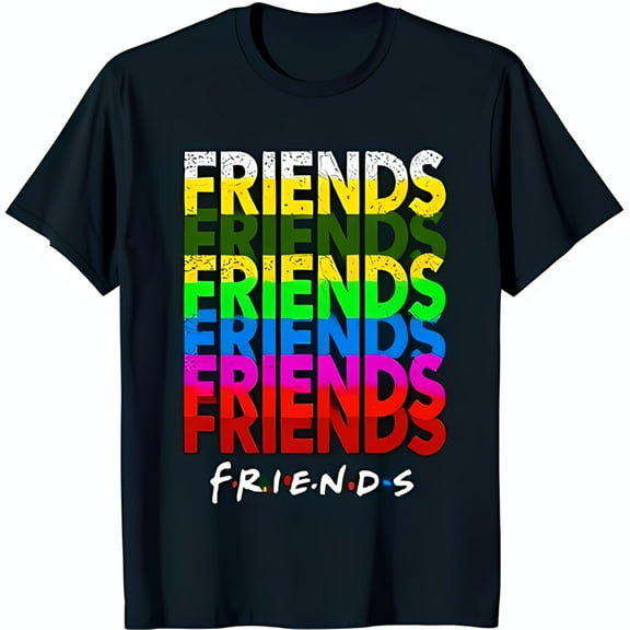 Vibrant Rainbow 'FRIENDS' Graphic on Blue T-Shirt Fun & Stylish