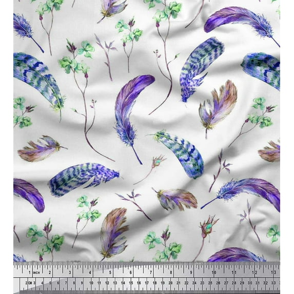 Soimoi Polyester Crepe Fabric Flowers & Feather Printed Fabric 1 Yard 52 Inch Wide