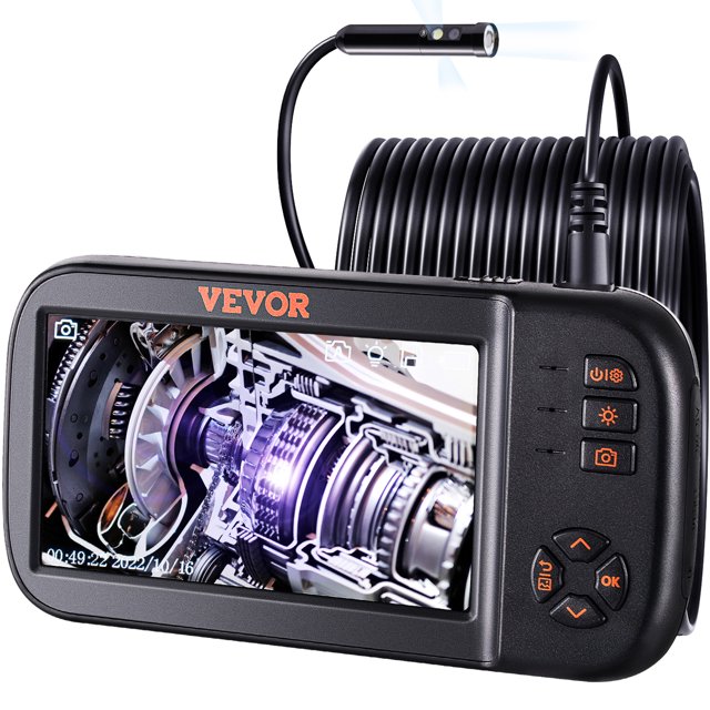 VEVOR Triple Lens Endoscope Camera with a 4.5-inch IPS screen displaying a detailed engine inspection. Features a semi-rigid 16.4 ft snake cable, 1080P resolution, and 8 adjustable LED lights. The camera is waterproof (IP67) and includes a 2860 mAh rechargeable battery for up to 3.5 hours of use. Suitable for automotive, wall, and drain inspections.