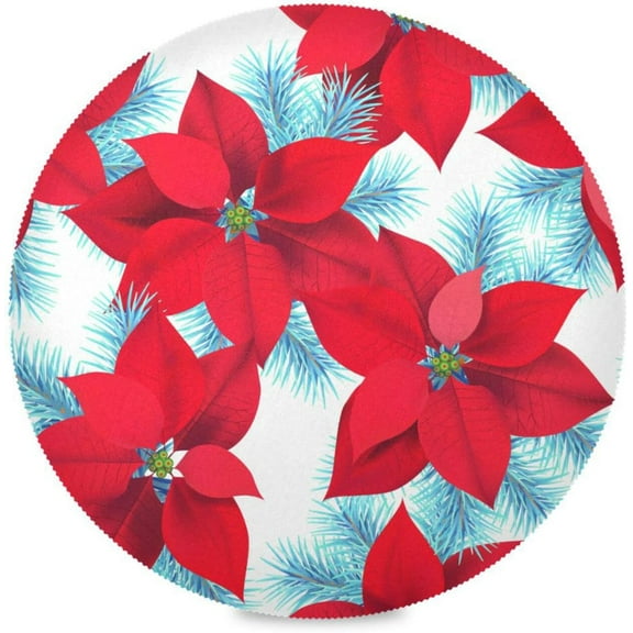 48"X 48" Christmas Winter Poinsettia Flower Elastic Fitted Edged Round Tablecloth Fade Resistant Anti-Shrink Table Cloth Washable Table Cover for Banquet Home Indoor or Outdoor