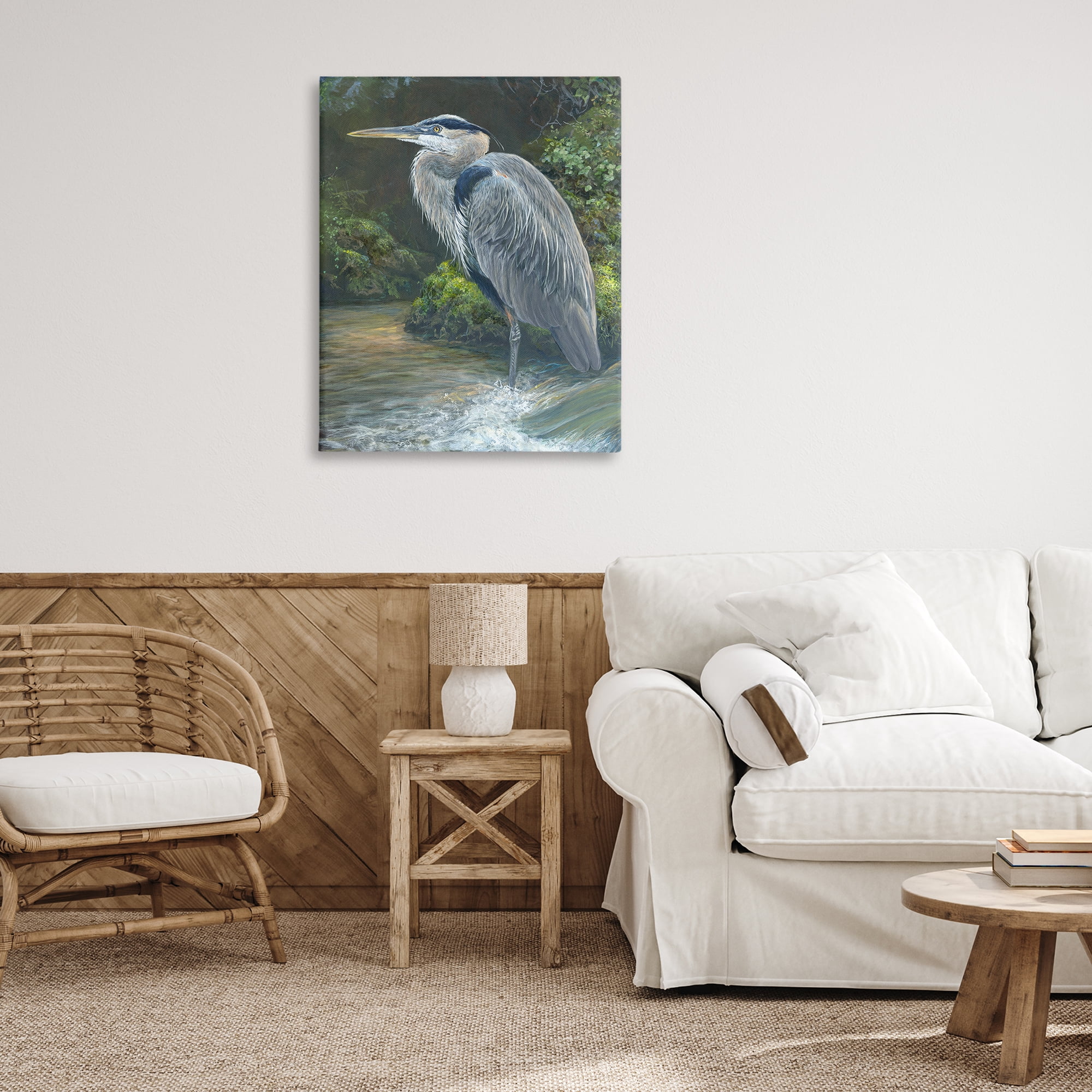 Stupell Industries Blue Heron at Water's Edge Animals Painting Wrapped Canvas Art Print Wall Art, 30 x 40