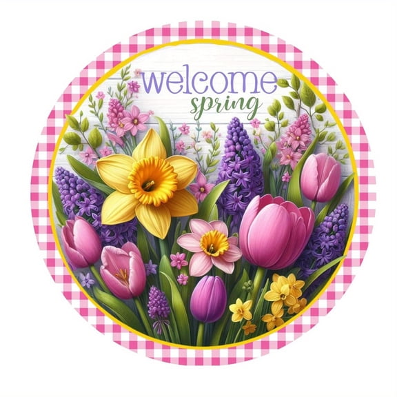 HELLOYOUNG Spring Metal Wall Decor 8 Inch Round Floral Sign Vibrant Tulips Daffodils Pink Yellow Check Border Art for Home Garden Room