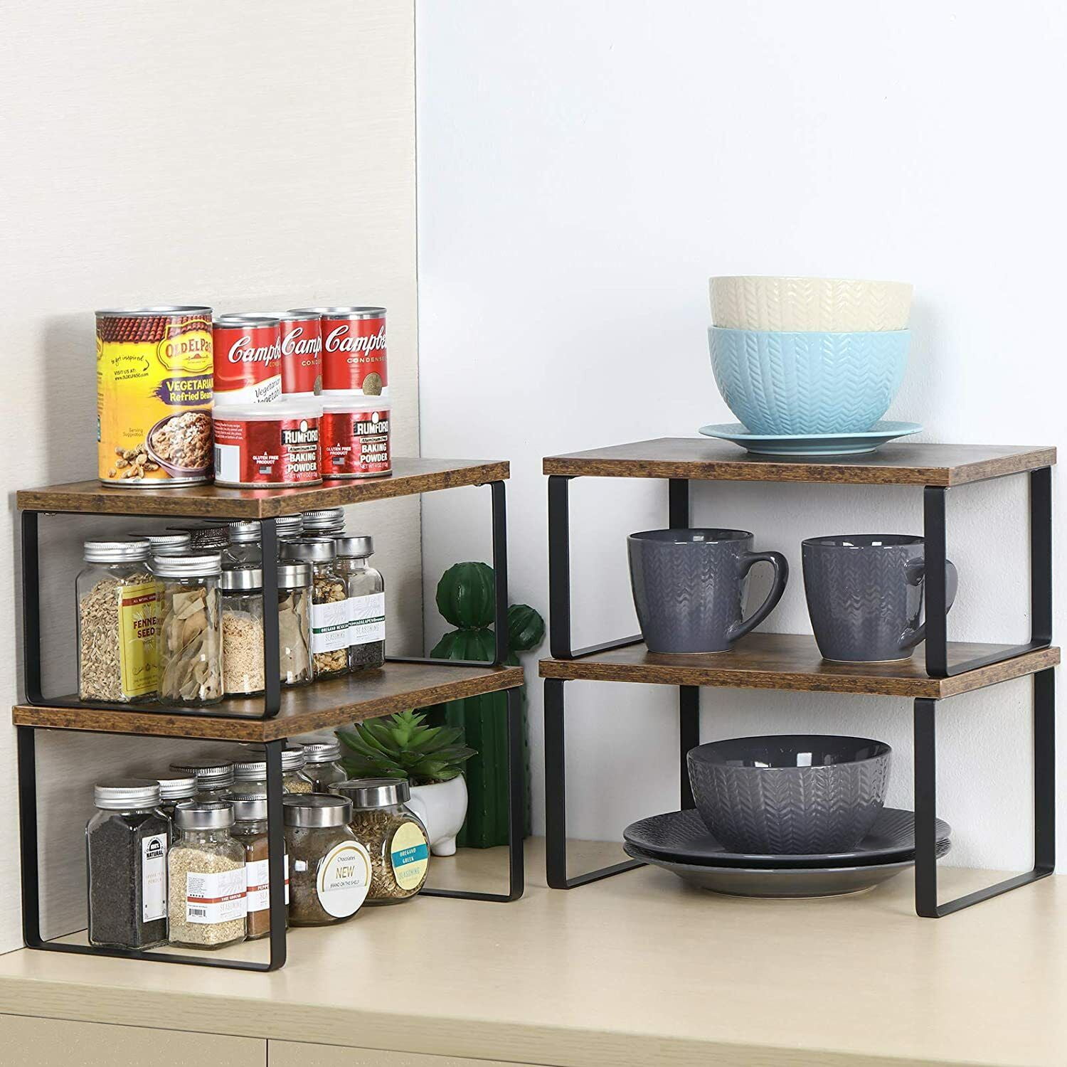 Set of 4 Wood Kitchen Shelf Organizer Rack for Counter Cupboard