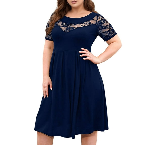 Plus Size Lace Chiffon Wrap Crew Neck Dresses Women Cocktail Wedding Guest Midi Dress Blue XXXL