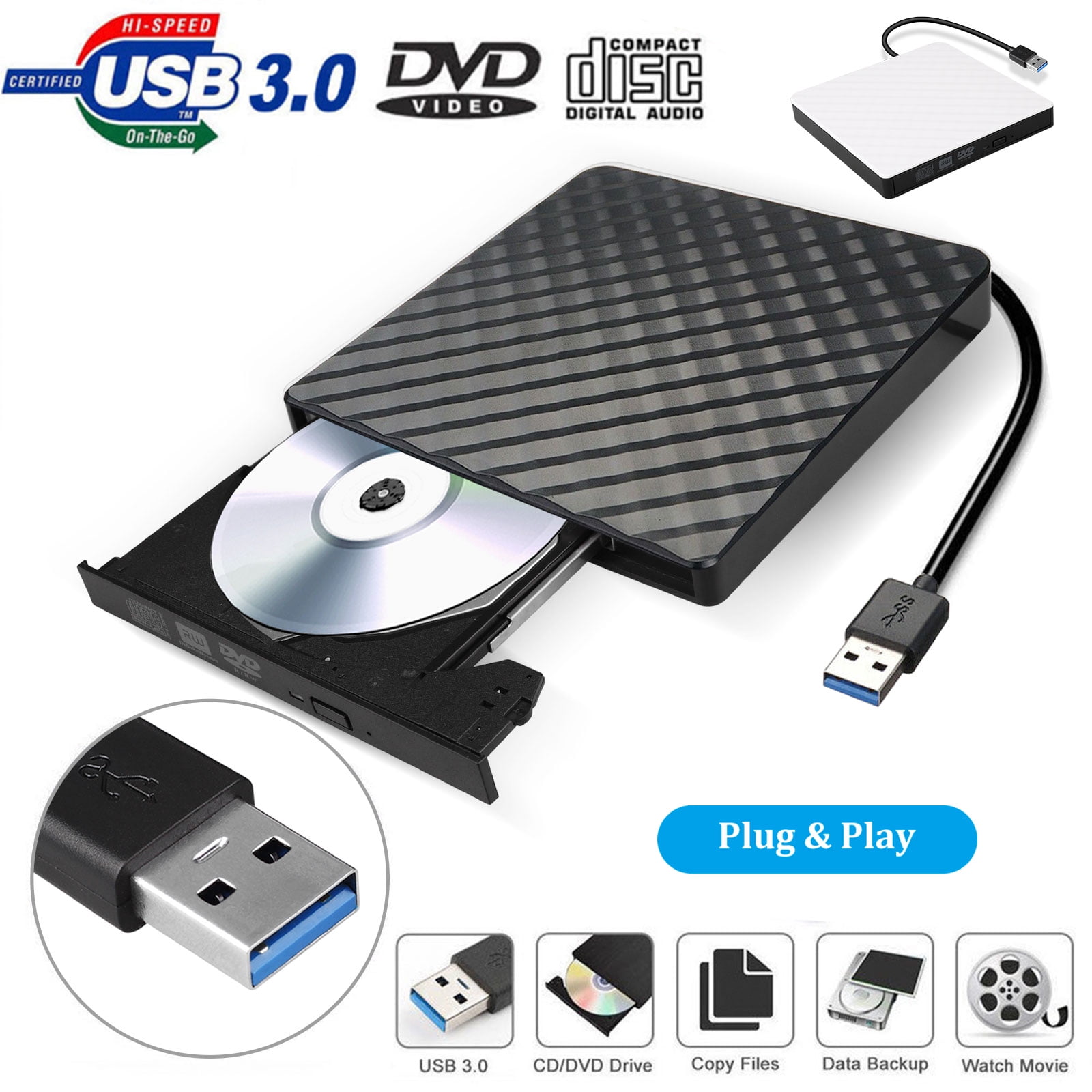 External DVD Drive USB 3.0, EEEkit Portable CD DVD +/-RW Optical Drive Burner Writer for Windows 10/8 / 7 Laptop Desktop Mac MacBook Pro Air iMac HP Dell LG Asus Acer Lenovo Thinkpad, Black