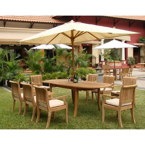 Teak Dining Set:8 Seater 9 Pc - 94" Double Extension Oval Table and 8 Giva Arm / Captain Chairs Outdoor Patio Grade-A Teak Wood WholesaleTeak #WMDSGVf