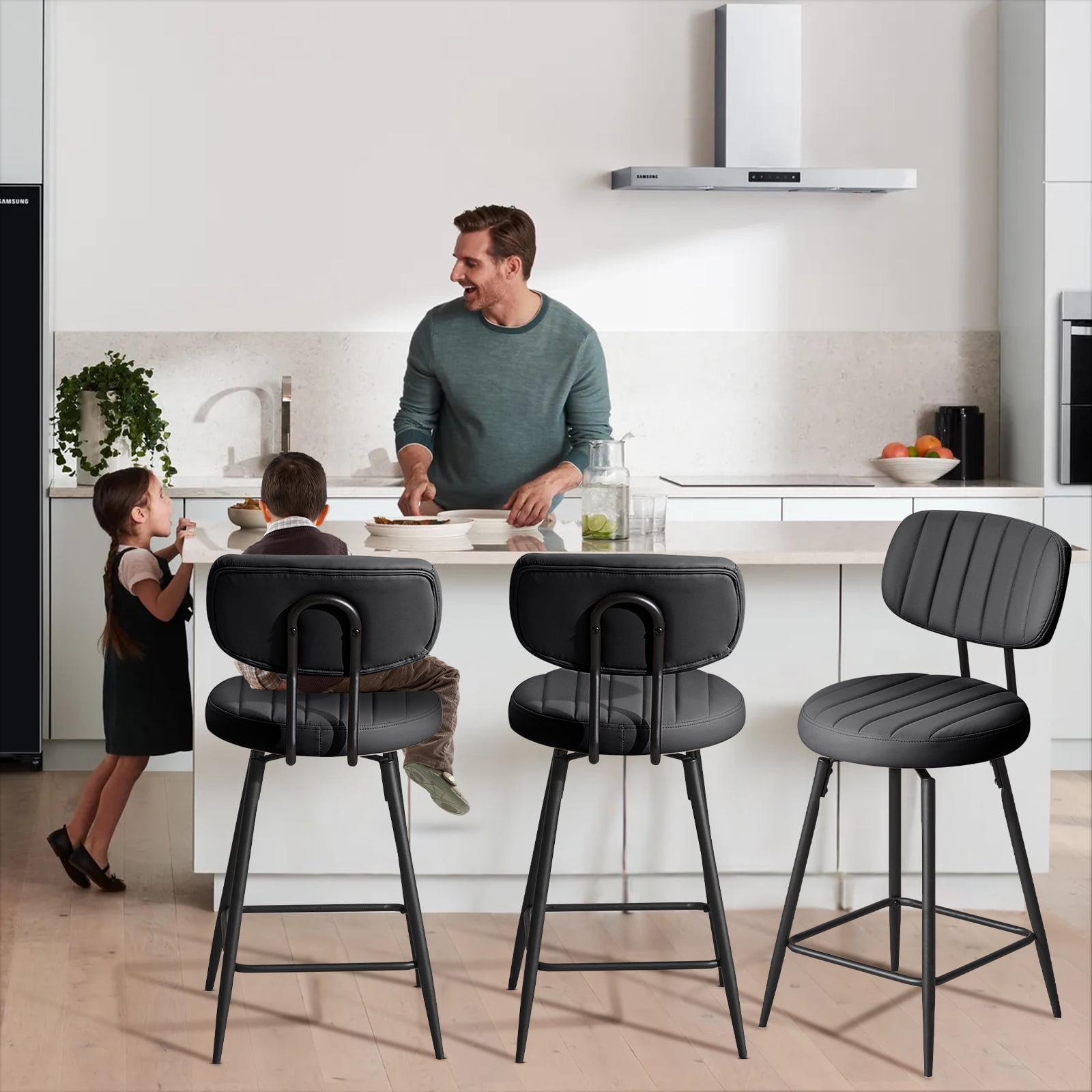 Furniliving 26" Modern Bar Stools Set of 2, Upholstered Swivel Counter Height Barstools with Back and Footrest, Adjustable Faux leather Barstool for Kitchen Island,Dining Room.Black