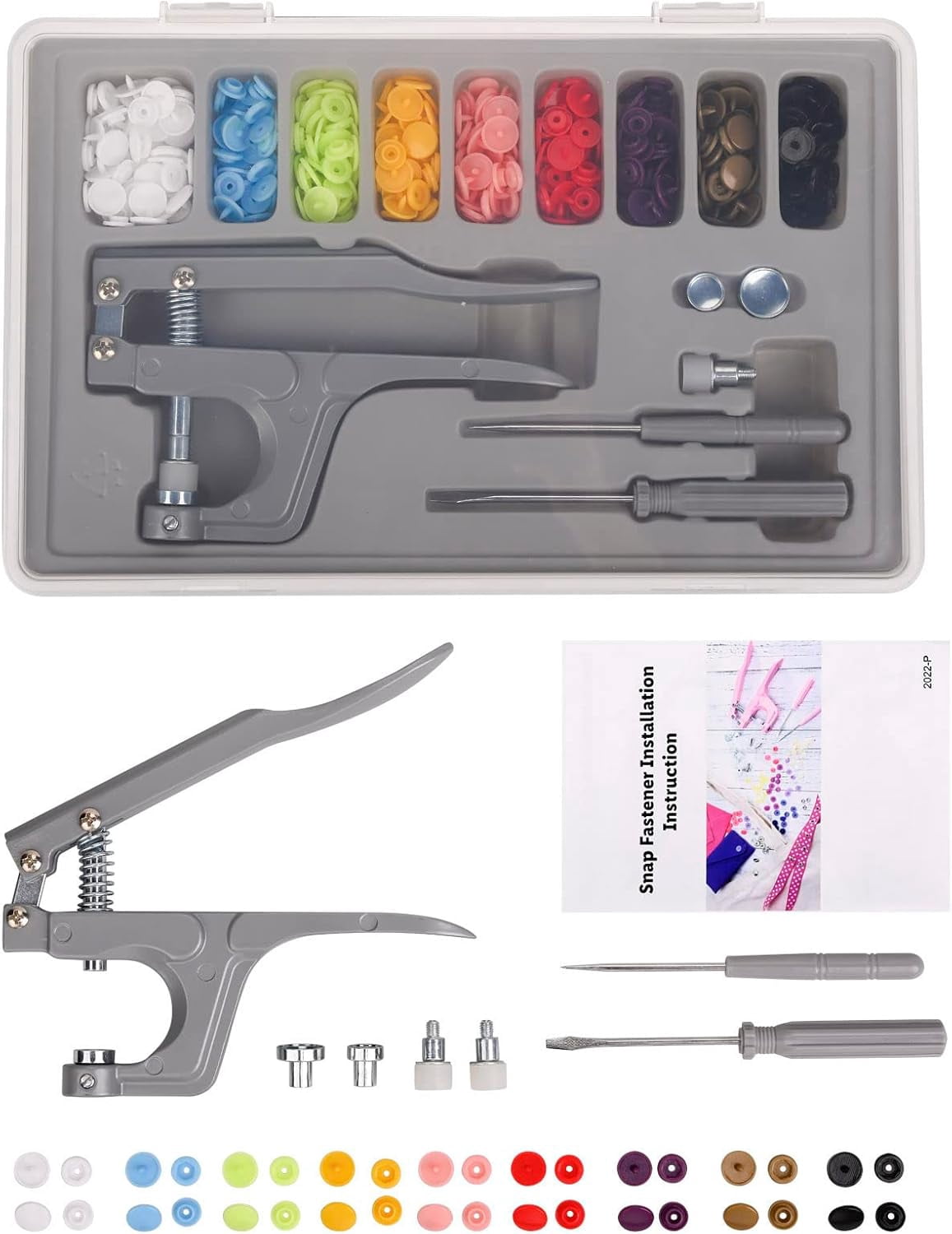 Plastic Snap Fastener Kit with Plier Screwdriver Awl and Storage Case, 100 Sets Snaps, 9 Colors T5 Buttons, 12mm Cap. Snap Plier for T3(10mm), T5(12mm), T8(15mm) Buttons, Grey