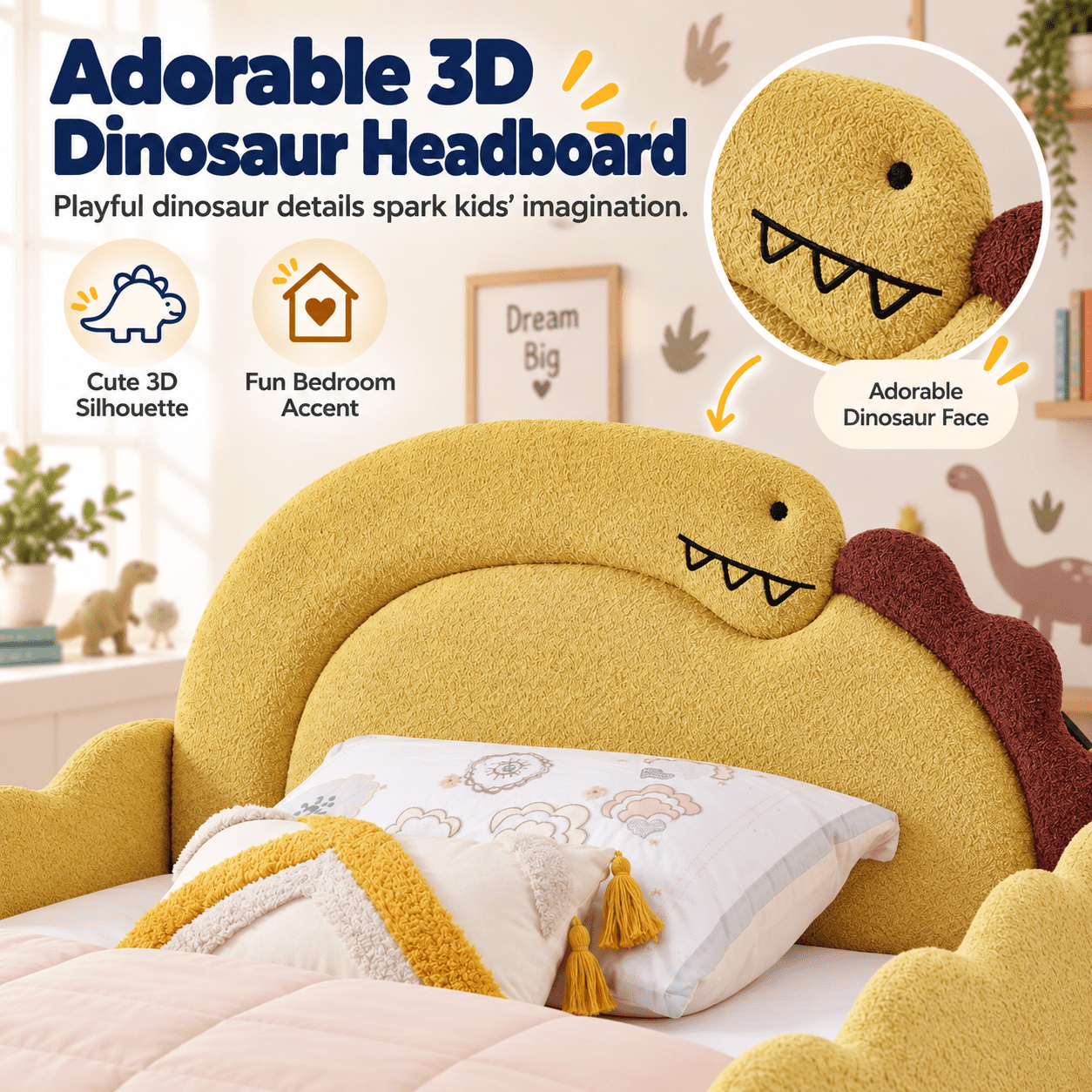 Wakefit Full Size Dinosaur Bed for Kids with Safety Guardrails,Boucle Upholstered Platform Bed Frame with 3D Dinosaur Headboard,Floor Bed for Boys & Girls,No Box Spring Needed,Yellow
