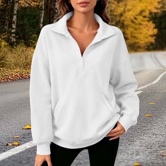 Sweatshirt for Women Zaewscy Women's Casual Loose Solid Color Turn-Down Collar Side Pocket Long Sleeve Pullover Sweatshirt