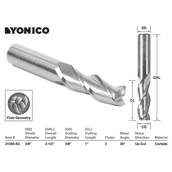 Yonico CNC Router Bit Up Cut 3 Flute 3/8" Dia. X 1-1/4" X 3/8" Shank - 31350-SC