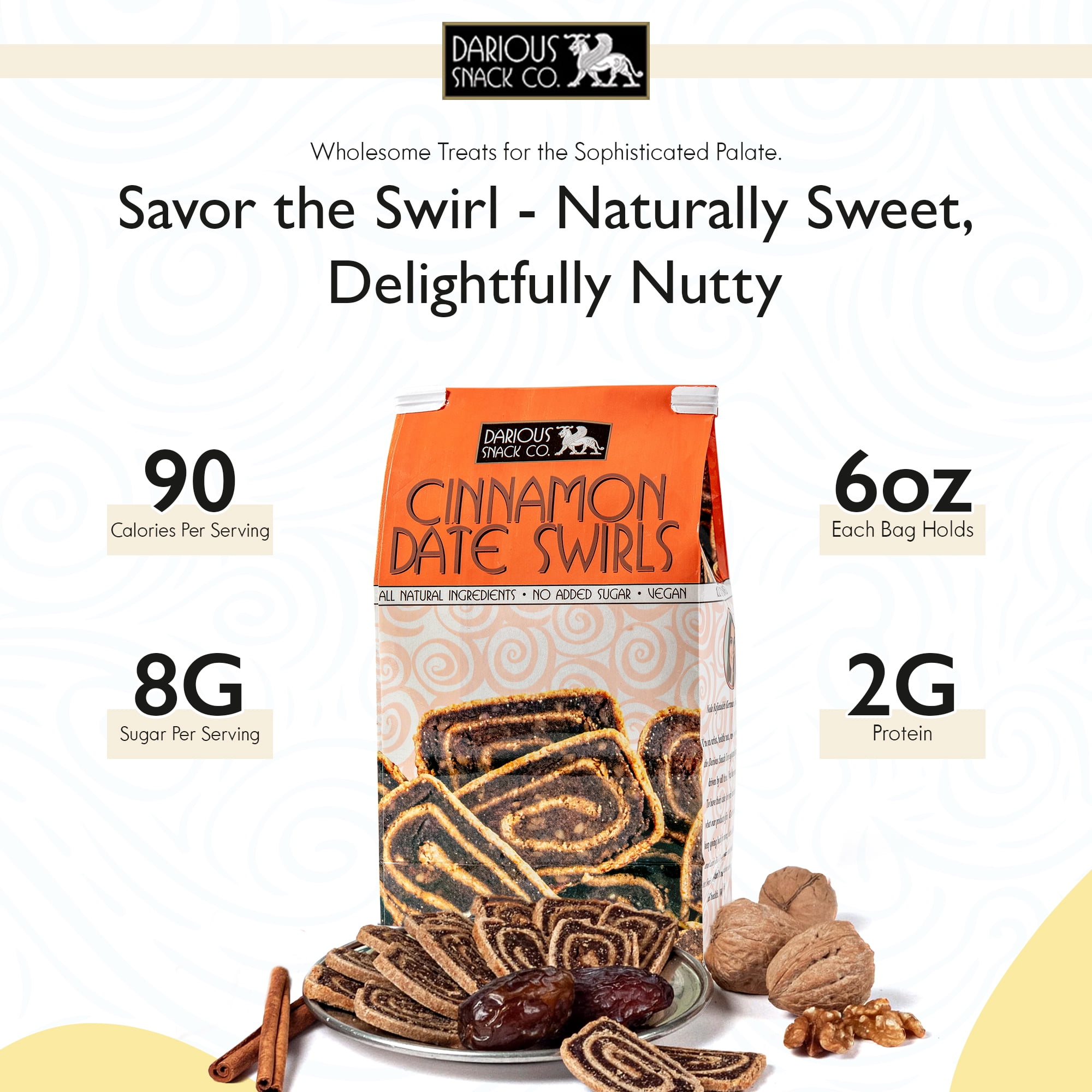 Darious Snack Co Vegan Cinnamon Date Swirls for Coffee & Tea Treat, Delicious Breakfast Cookies, Slightly Sweet and Savory, All Natural Ingredients, Holiday Food Gifts, 3 Pack - 6 oz Each Bag