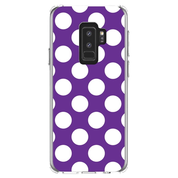 DistinctInk Clear Shockproof Hybrid Case for Samsung Galaxy S9  PLUS (6.2" Screen) - TPU Bumper, Acrylic Back, Tempered Glass Screen Protector - White & Purple Polka Dots