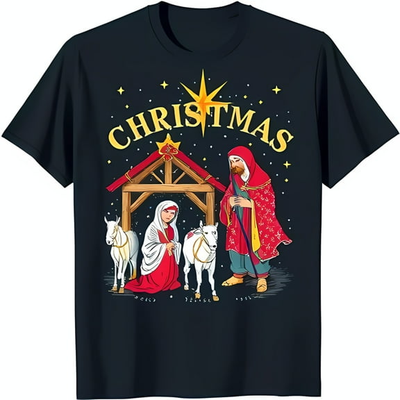 Nativity Scene Christmas T-Shirt Dark Blue with & Star