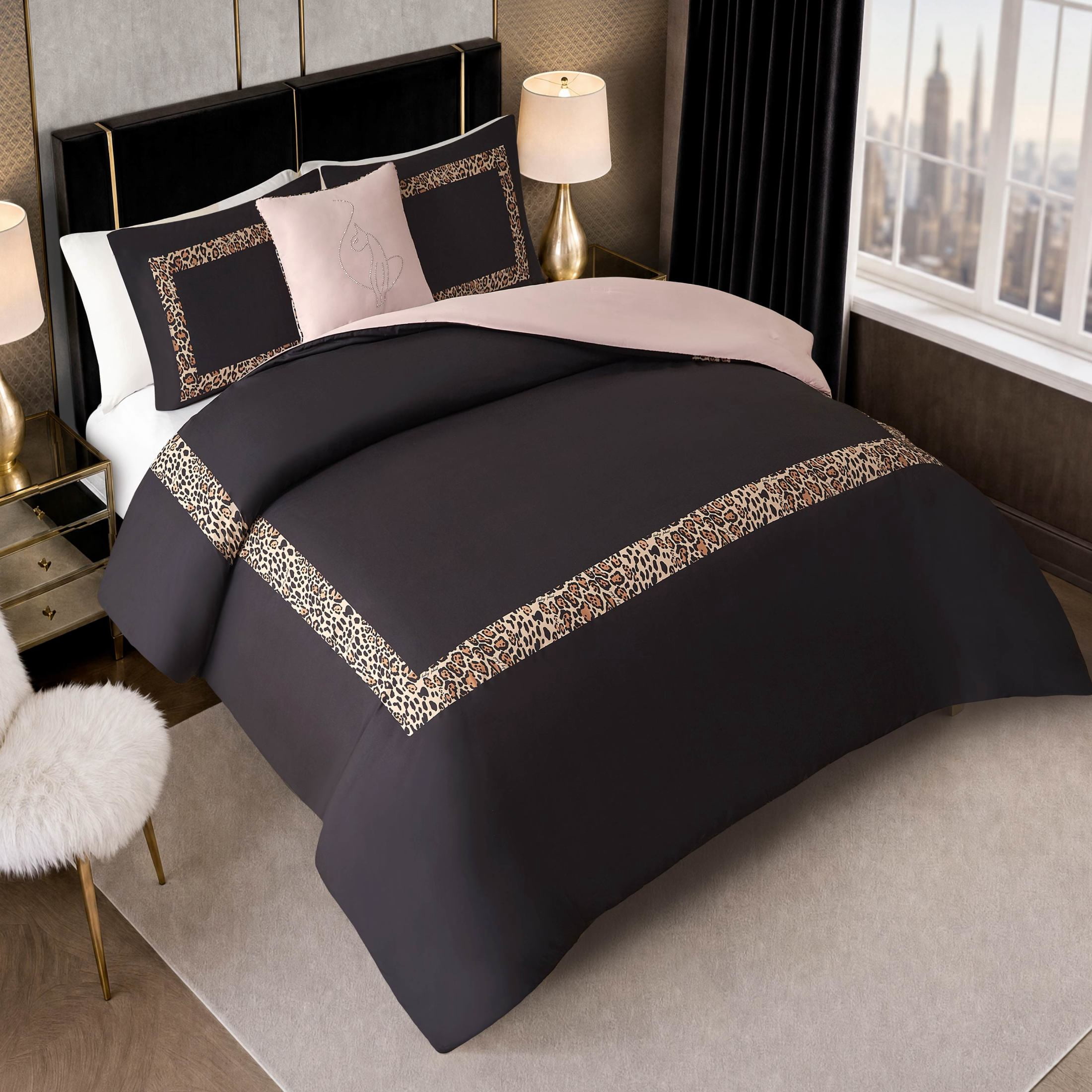 Baby Phat Leopard Hotel Border 4-Piece Comforter Set, Black, King