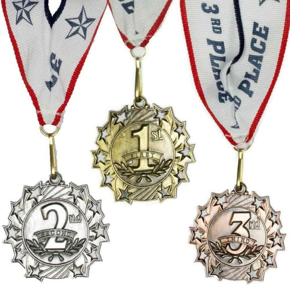 All Quality Ten Star Award Medal with Ribbon, Gold and Silver and Bronze, 3 Count