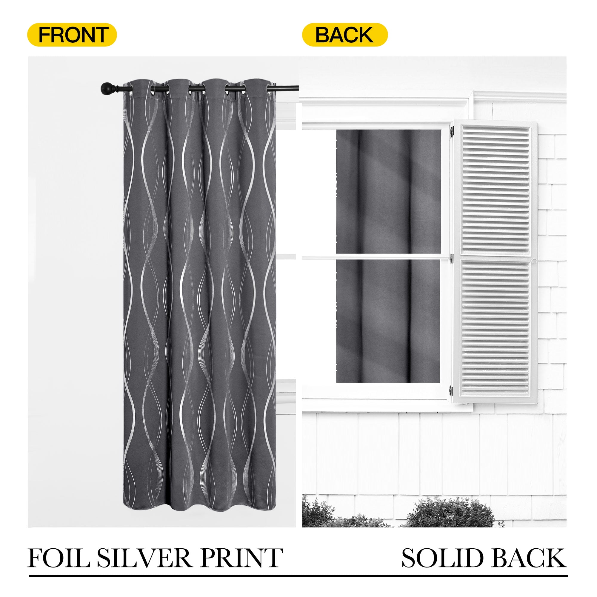 NICETOWN Living Room Curtains Blackout Length Wave Line Foil Print Grommet Room Darkening Curtains Thermal Insulated Bedroom Curtains, Gray, 42x84 inch, 2 Panels