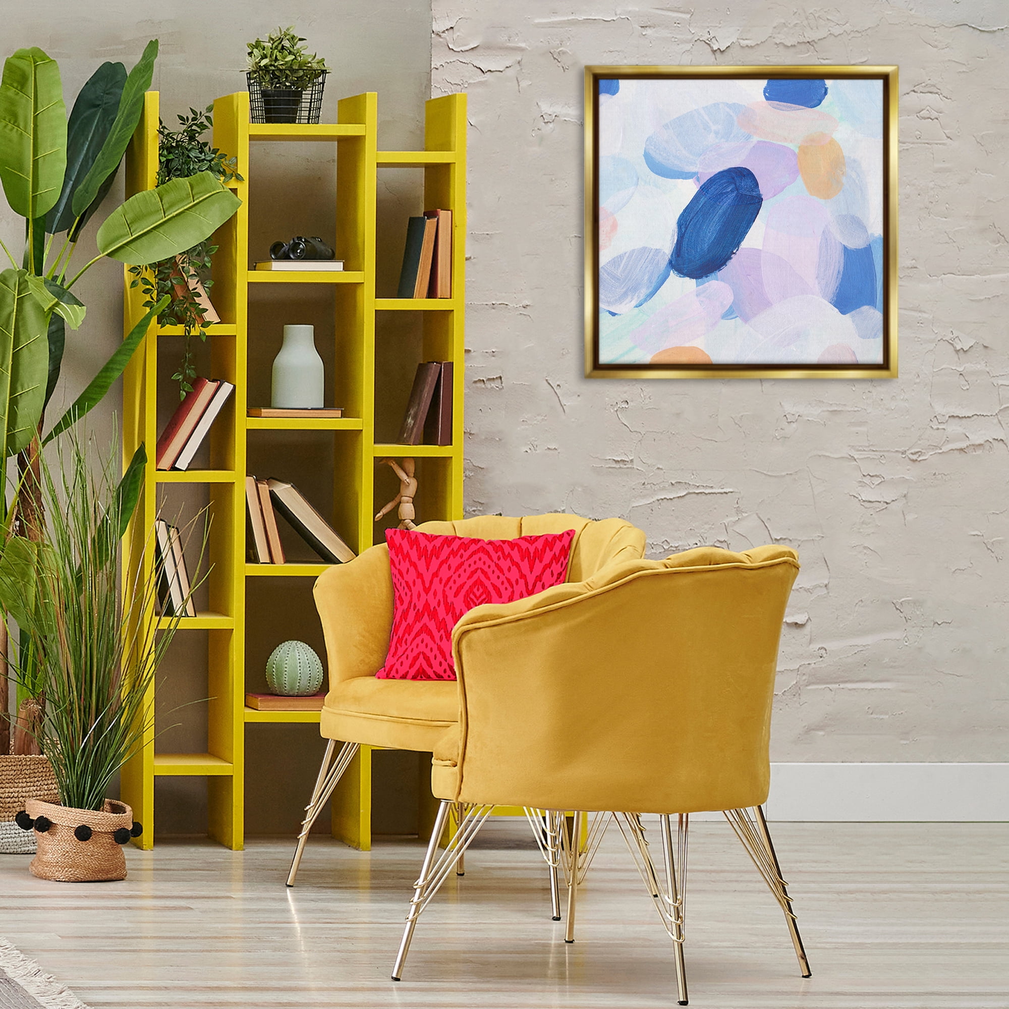 Stupell Industries Blue Oblong Paint Strokes Abstract Painting Gold Floater Framed Canvas Art Print Wall Art, 25 x 25
