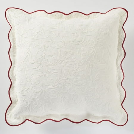 Poinsettia Woven Matelasse European Sham - Light Cream, Red - Holiday Decor for your Bedroom, Guest Room - Velvet Appliques - Embroidery - Contour-Cut Edges European Sham